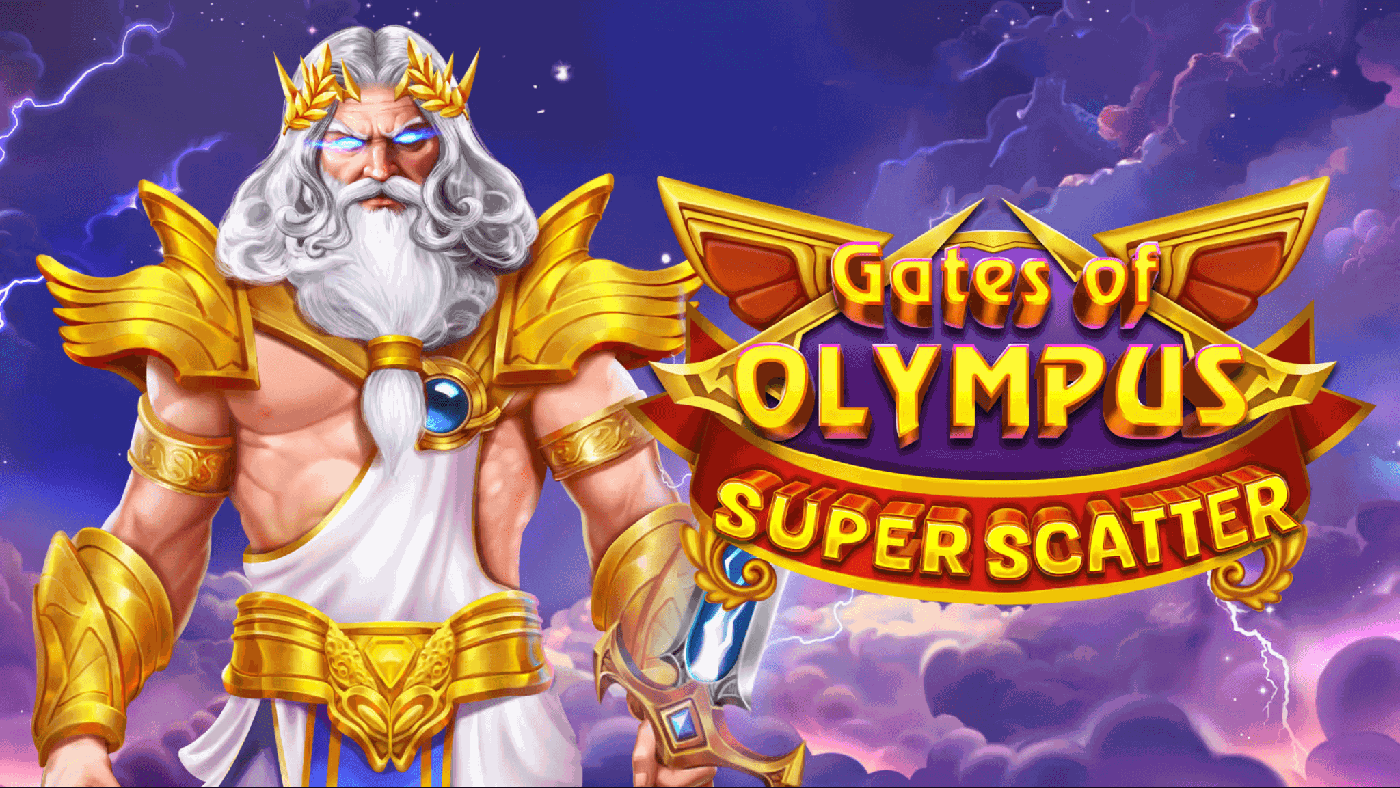 Zeus mit goldener Rüstung und türkisfarbenem Brustschmuck über dem Walzenfeld von Gates of Olympus Super Scatter, umgeben von Edelsteinsymbolen und dem Scatter-Zeichen